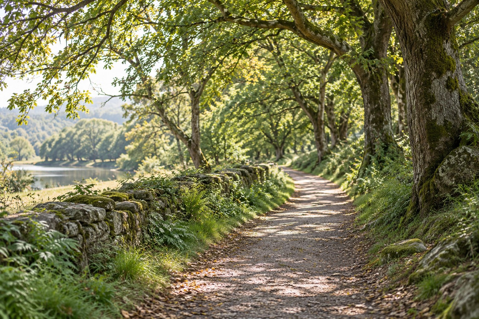 A quiet tree-lined footpath in soft daylight, ideal for a ten-minute walk without headphones