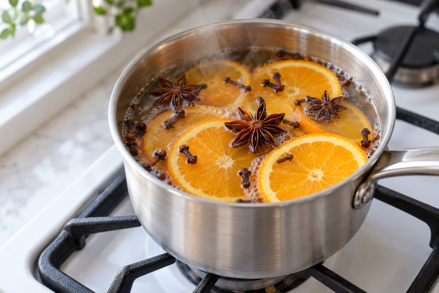Winter simmer pot with orange slices, star anise and cloves on the hob