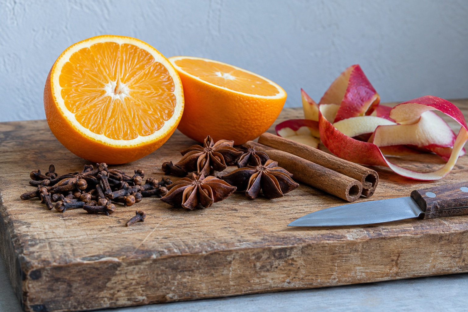 Whole cloves, star anise, orange and apple peel ready for a simmer pot