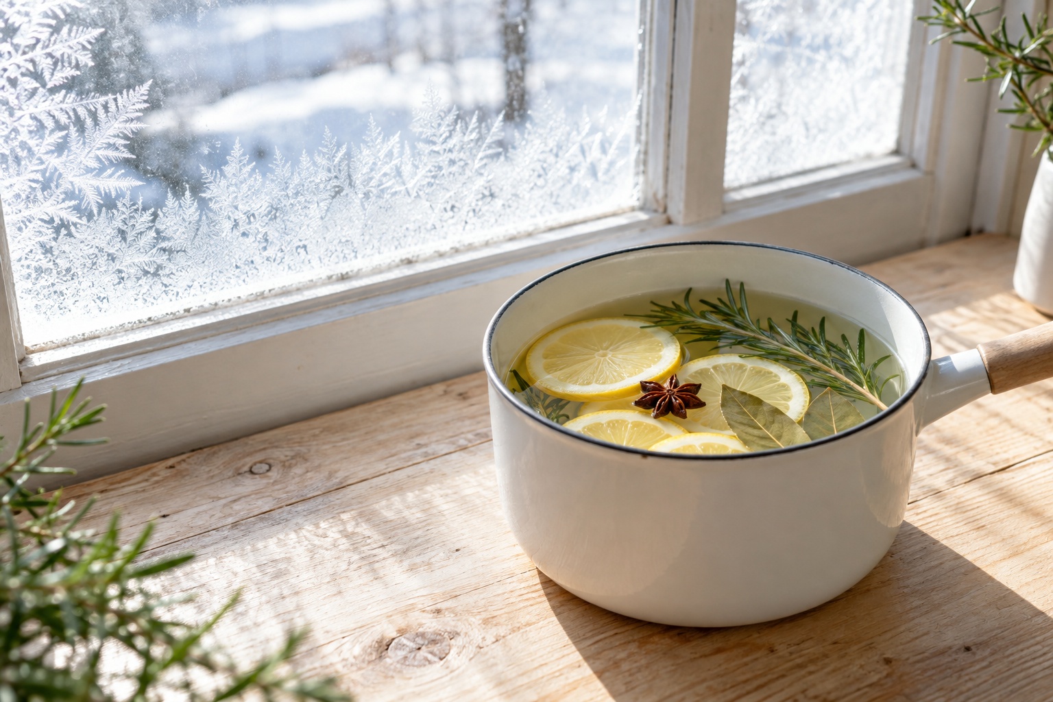 Fresh January simmer pot with lemon, rosemary and bay leaves