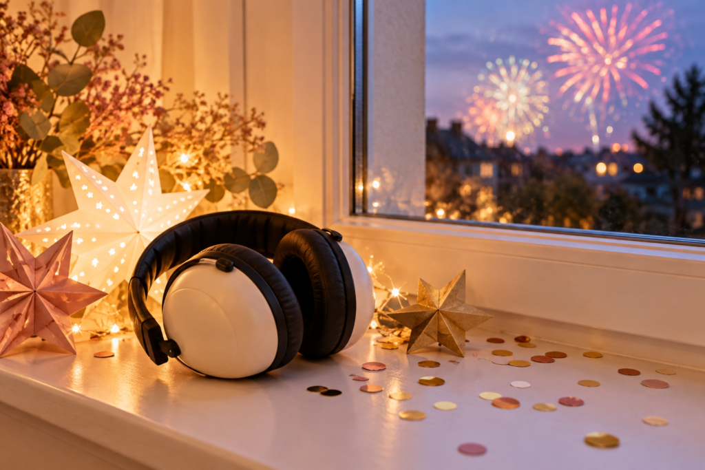 Hearing protectors beside festive paper stars and colourful New Year's Eve fireworks outside the window
